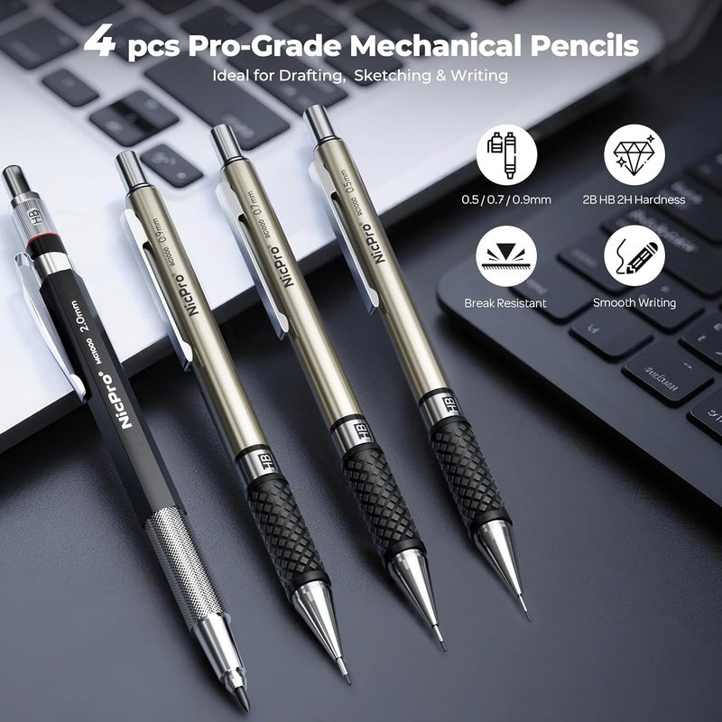Nicpro 16PCS Drafting Tools with 12‘’ Aluminum Architect Scale Ruler, Mechanical Pencils 0.5, 0.7, 0.9 & 2mm, Lead Refills, 2 Pack Graph Paper Pad, Geometry Drawing Kit for Engineers Students Design - Image 3